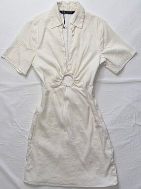 Zara - White Mini Dress with Ring Detail V-neck Short Sleeve